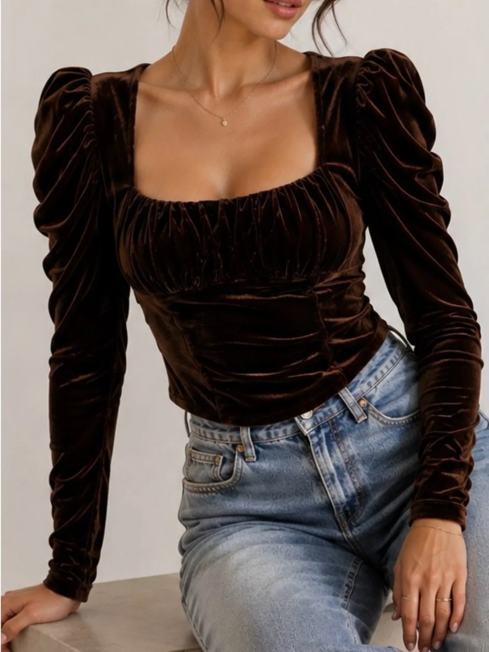 Free People Hold Me Up Velvet Puff Sleeve Corset Top Brown Size XS Boho Romantic
